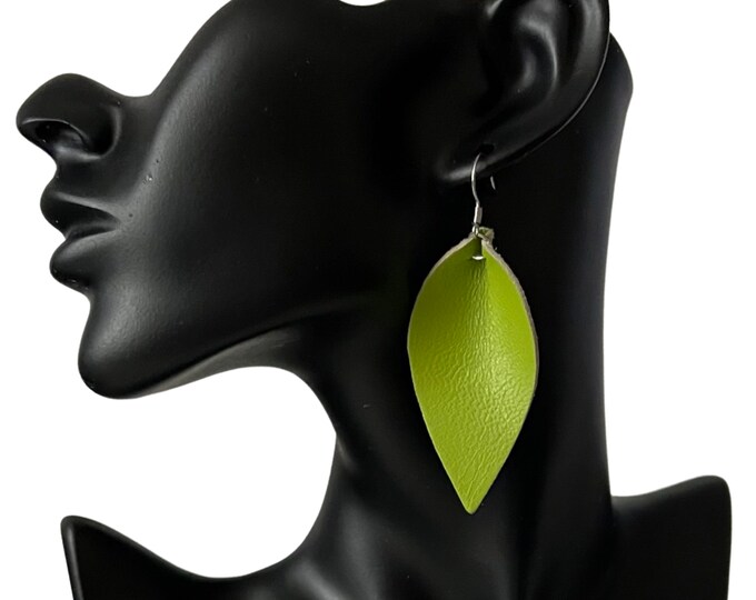 Leather Earrings Green Petal Leaf Teardrop Earrings