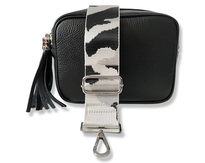 Black Leather Bag Crossbody Camera Bag Black Silver Wide Canvas Strap