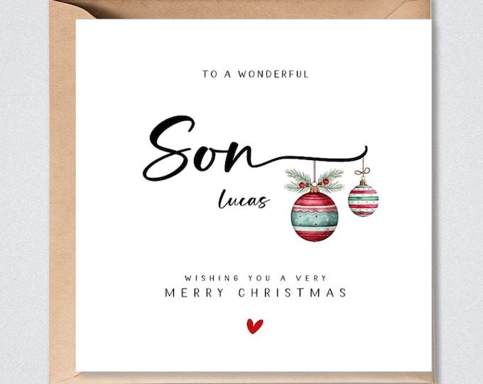 Personalised Son Christmas Card Green Baubles Xmas Card