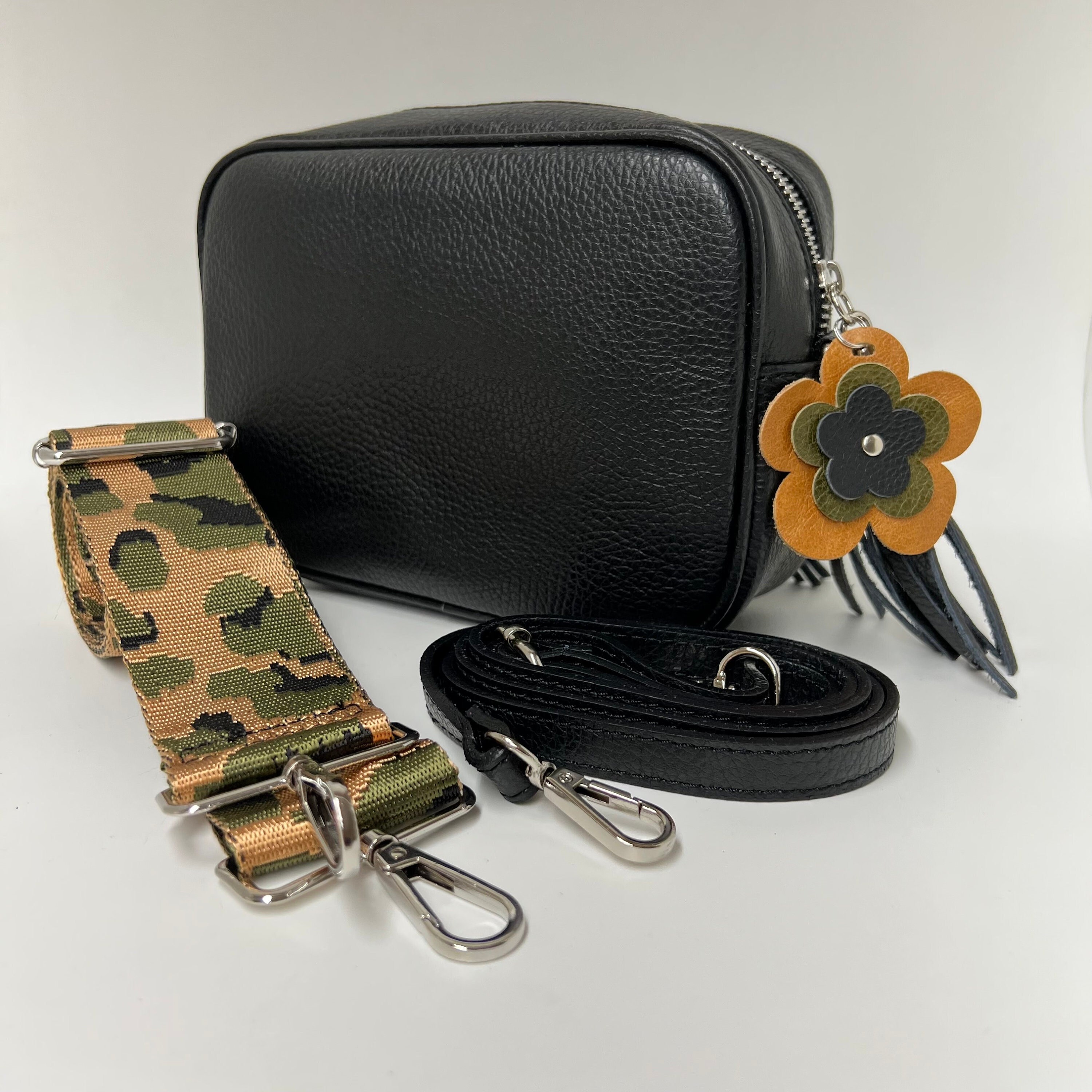 Black Leather Crossbody Tassel Bag Wide 