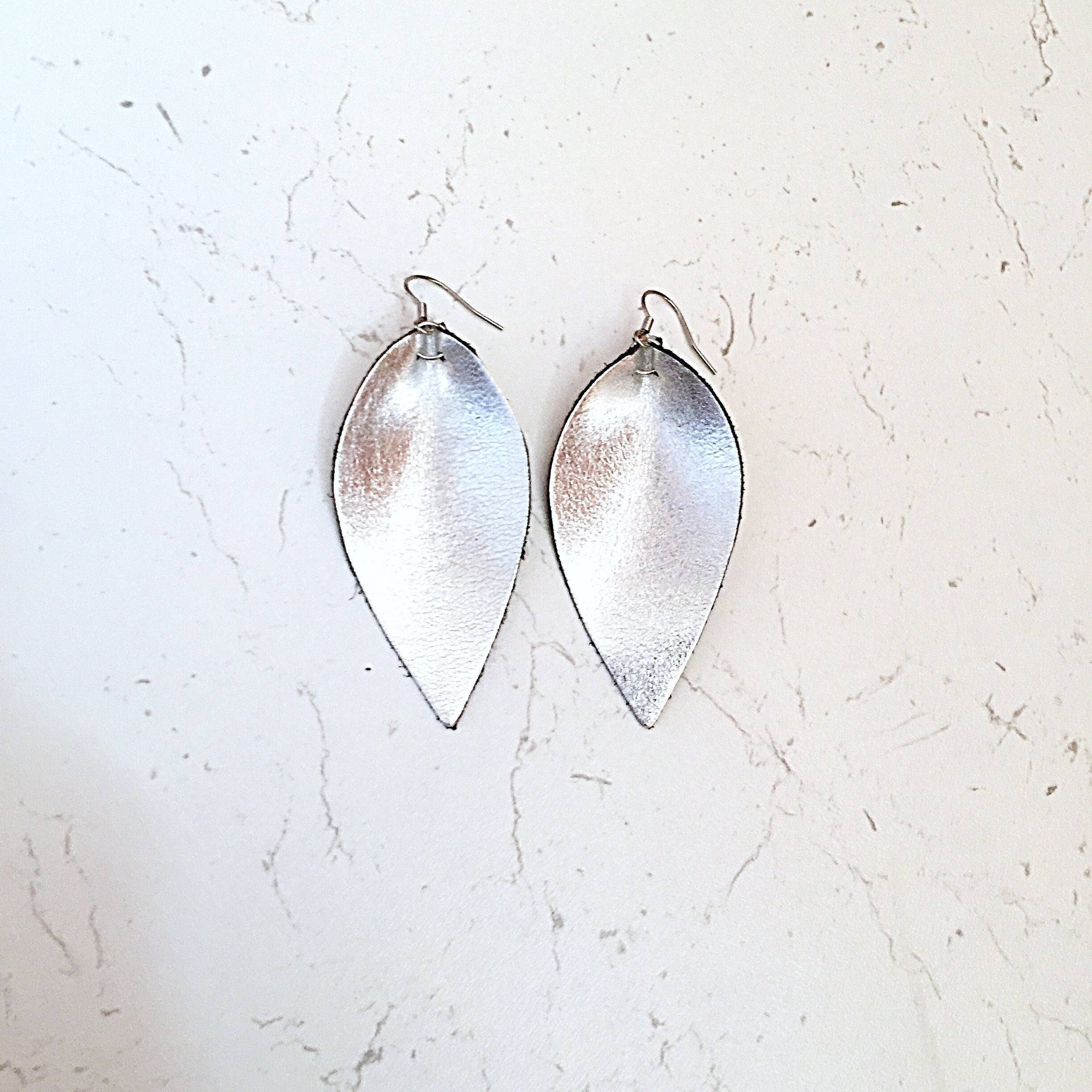 Leather Earrings Metallic Silver Petal Leaf Teardrop Mother s Day Gift