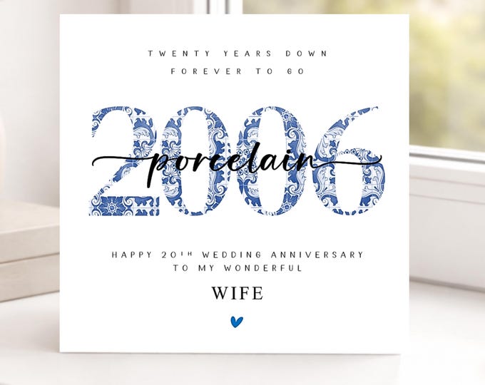 20th Wedding Anniversary Card, Porcelain, for Him Her