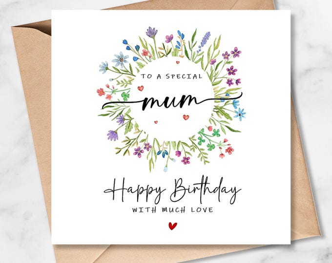 Birthday Card for Mum, Meadow Flowers Wreath