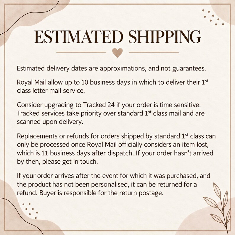May include: A square informational graphic with a beige background and dark brown text titled ESTIMATED SHIPPING. It outlines delivery policies, Royal Mail service details, tracking options, and procedures for lost items, refunds, and returns.