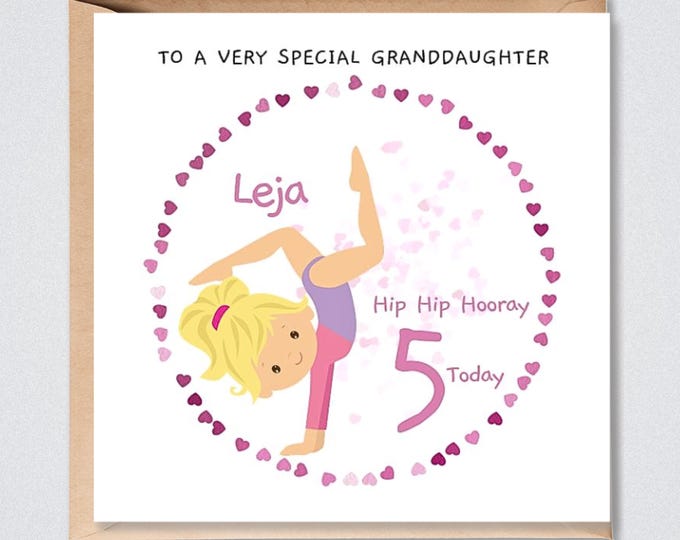 Personalised 5th Birthday Card for Her, Blonde Gymnast