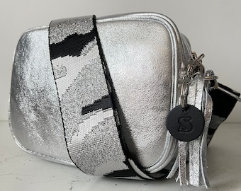 Personalised Silver Leather Bag Crossbody Camera Bag Black Silver Wide Canvas Strap and Leather Tag