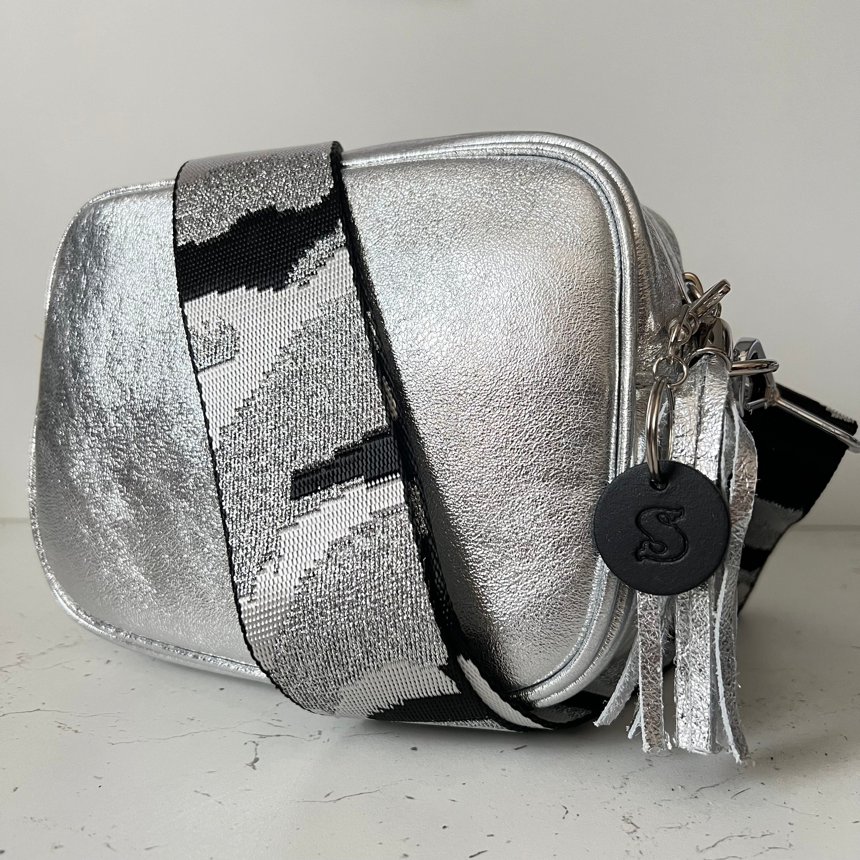 Handmade Silver Leather Bag With the Golden Chain 