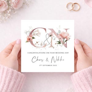 Wedding Day Card Personalised, Dusky Pink Floral Initials