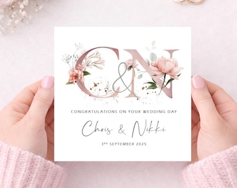 Wedding Day Card Personalised, Dusky Pink Floral Initials