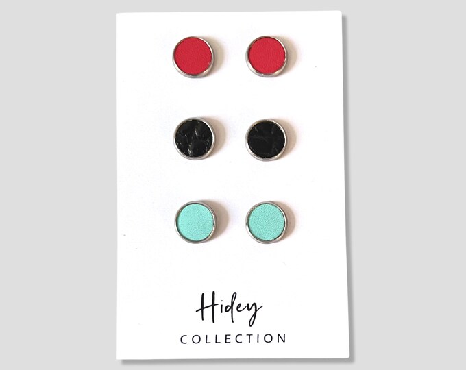 Leather Stud Earrings 12mm Pink Black Turquoise Stainless Steel Chips