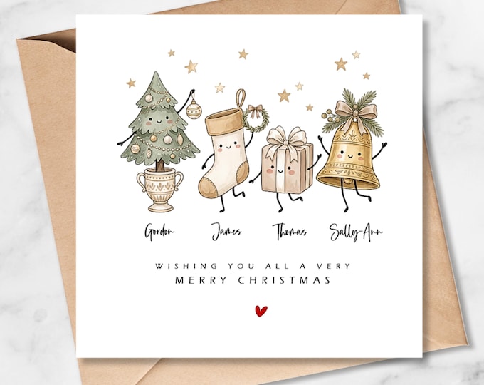 Family of  4 Christmas Card, Personalised Golden Christmas Doodle Characters
