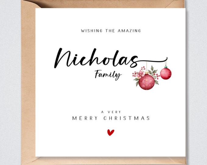 Personalised Family Surname Christmas Card Red Baubles
