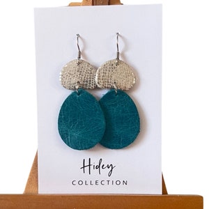 Leather Teardrop Earrings Teal and Metallic Silver with Stainless Steel Hooks