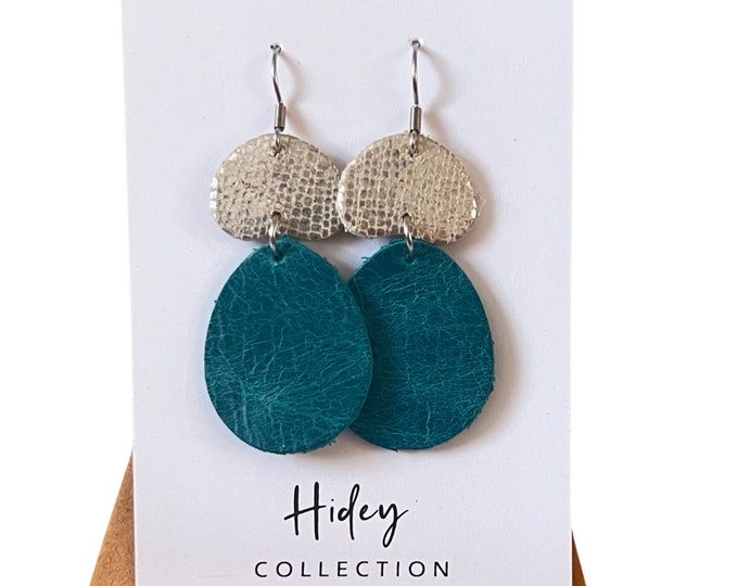 Leather Teardrop Earrings Teal and Metallic Silver with Stainless Steel Hooks