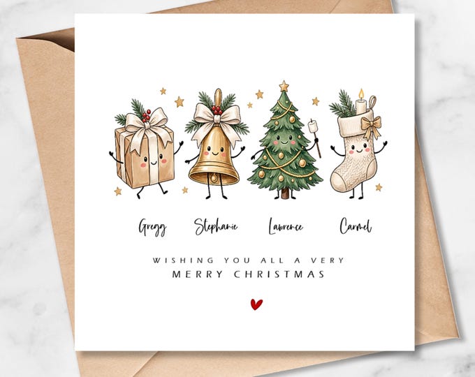 Personalised Family of  4 Christmas Card, Golden Christmas Doodle Characters