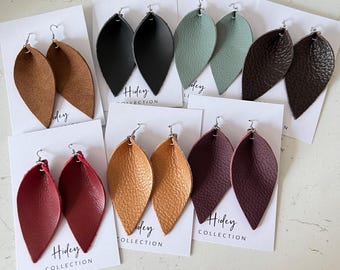 Leather Earrings Petal Leaf Teardrop Brown Red Grape Peach Sage Black Tan
