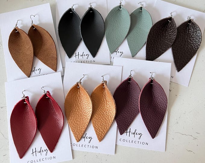 Leather Earrings Petal Leaf Teardrop Brown Red Grape Peach Sage Black Tan