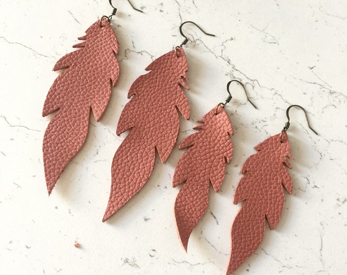 4" Leather Leaf Earrings Salmon Pink Italian Leather Drop Earring