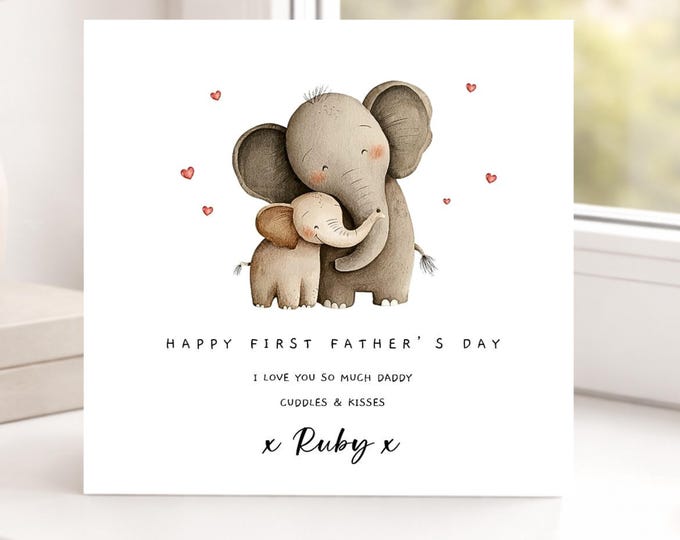Personalised 1st Fathers Day Card Daddy and Baby Elephants