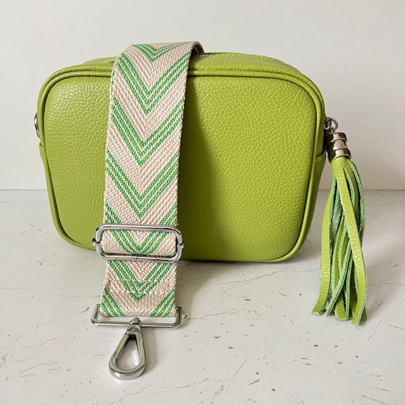 Lime Green Leather Bag Crossbody Camera Bag Chevron Print Wide 