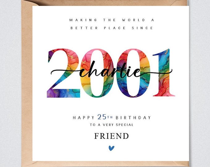 25th Birthday Card, Personalised 2001 for Him or Her, Friend, Brother, Sister