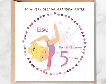 Personalised 5th Birthday Card for Her, Blonde Gymnast