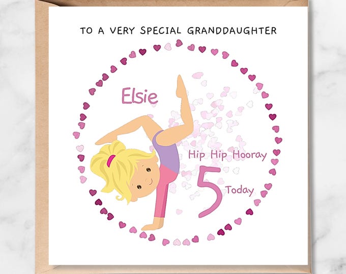 Personalised 5th Birthday Card for Her, Blonde Gymnast