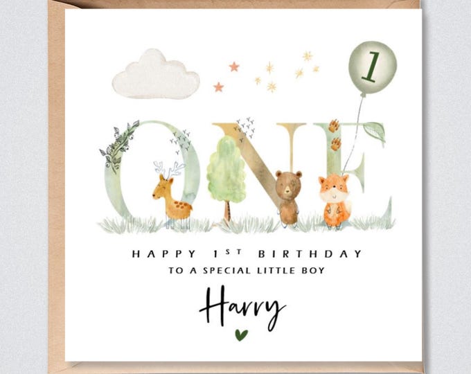 Personalised 1st Birthday Card, Him, Her, Boy, Girl, Safari Animals