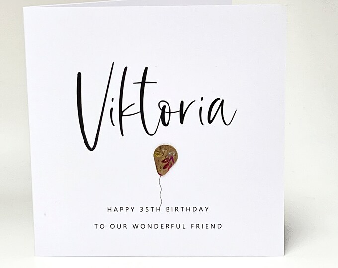Friend Birthday Card Personalised Any Age 35th Birthday Milestone Vegan Cork Leather Balloon Him Her