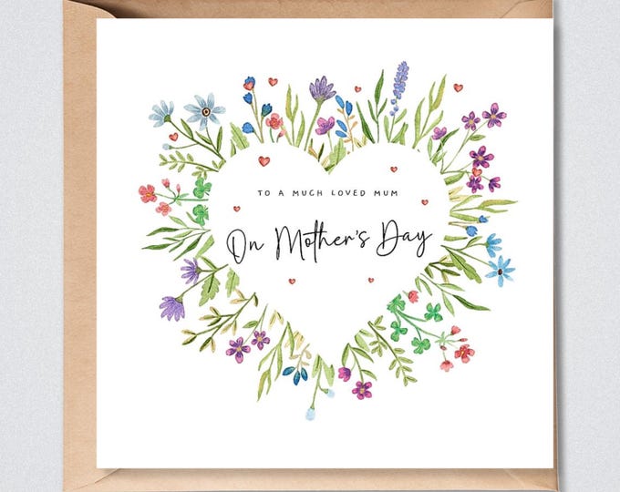 Mother's Day Card, Mum Mumma Mummy, Floral Heart Wreath
