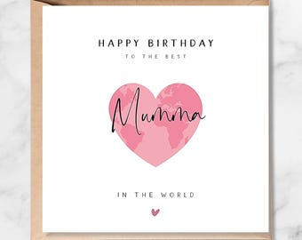 Mumma Birthday Card, Pink World Map Heart Design