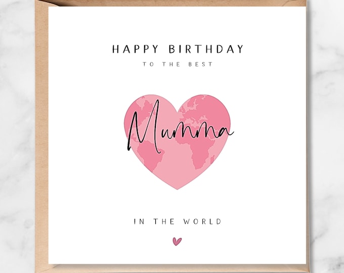 Mumma Birthday Card, Pink World Map Heart Design