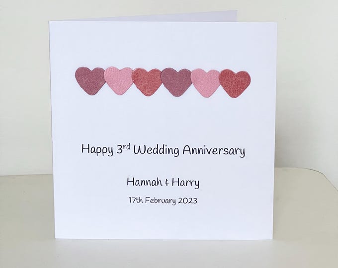 3rd Wedding Anniversary Card, Personalised Pink Leather Hearts