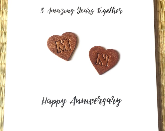 Personalised Leather Wedding Anniversary Card 3rd Anniversary Distressed Tan Hearts Handmade