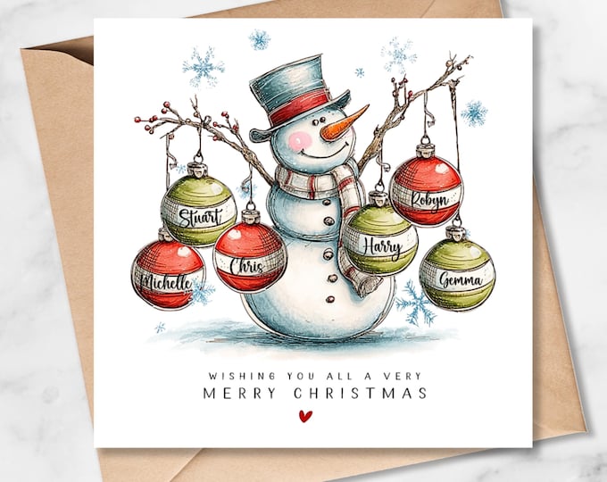 Personalised Family Christmas Card, Snowman and Baubles, 2-10 Family Members