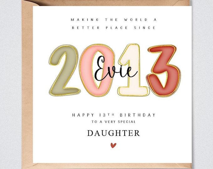 Personalised 13th Birthday Card, 2013 Daughter, Granddaughter, Sister, Niece, Goddaughter
