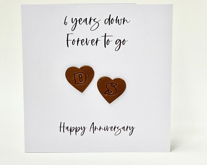 Personalised Anniversary Card Leather 6 Years Down Wedding Anniversary Brown Hearts Handmade in London, England