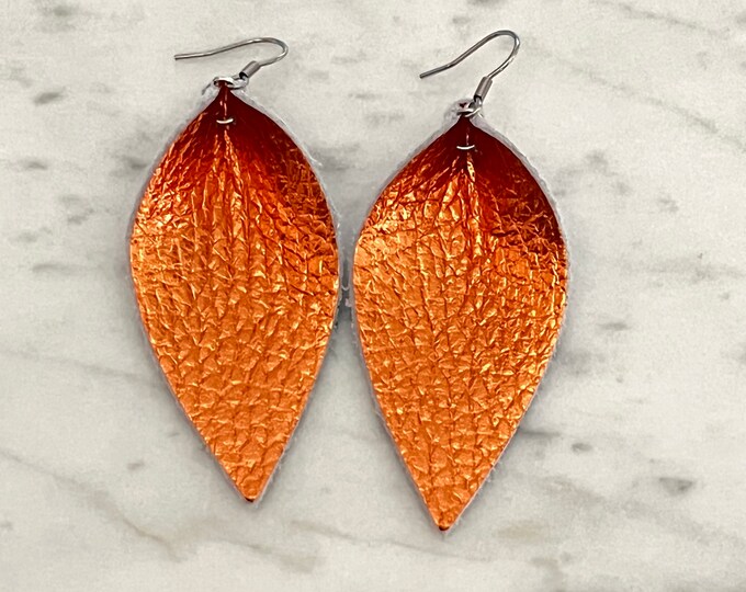 Leather Earrings Metallic Orange Petal Leaf Teardrop Mothers Day Gift Fashion Statement Earrings Boho
