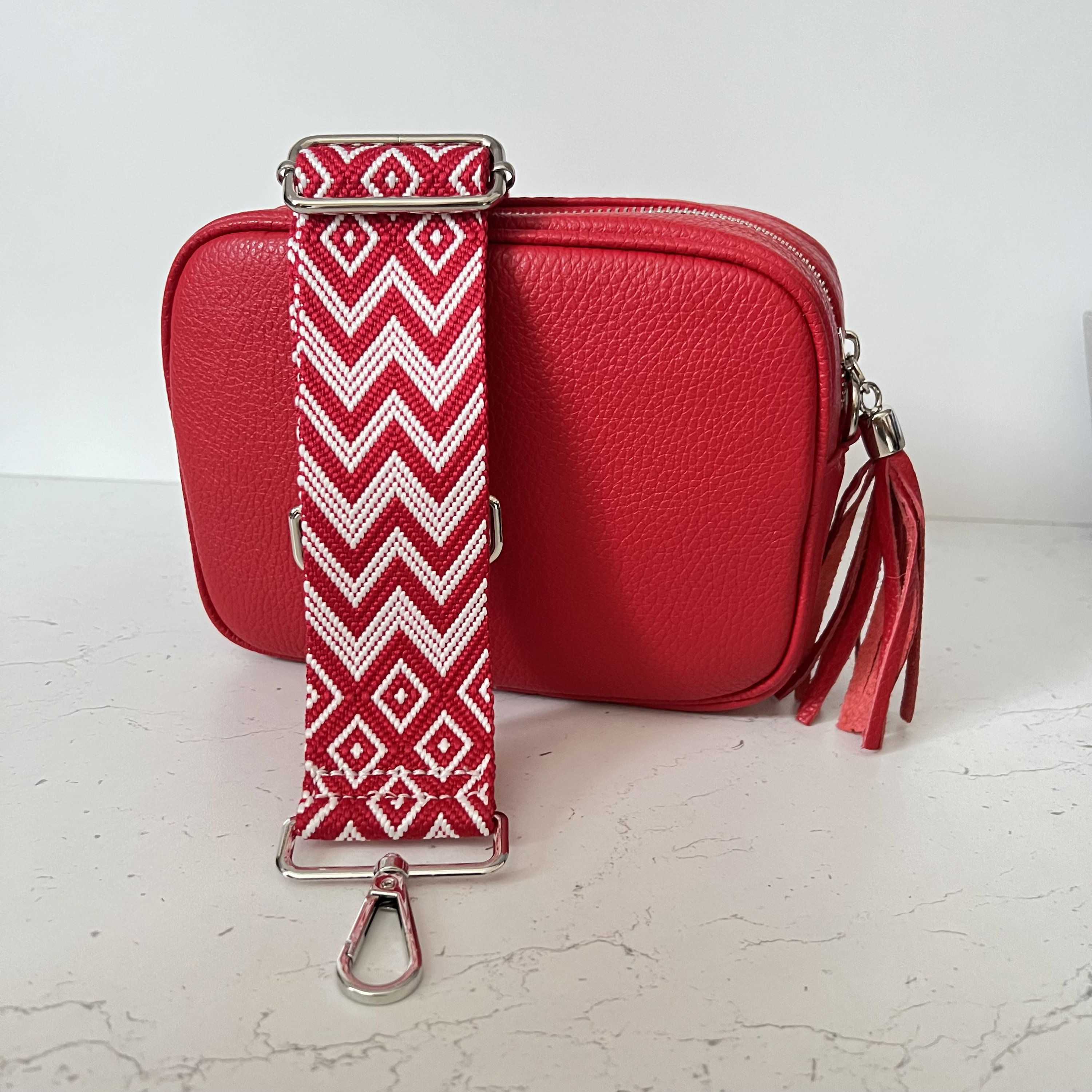 Personalised Red Leather Bag Crossbody Camera Bag Red White 