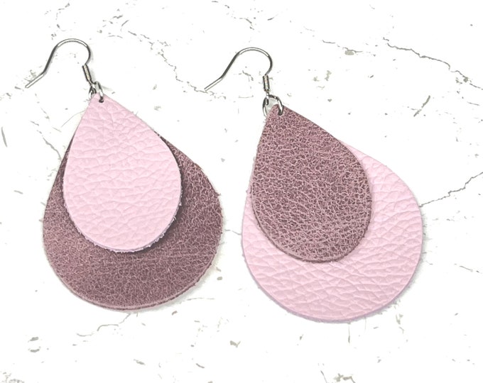Leather Earrings Teardrop Double Layer Dusky lilac and Ice Pink Mothers Day Gift Dangle Earrings Boho