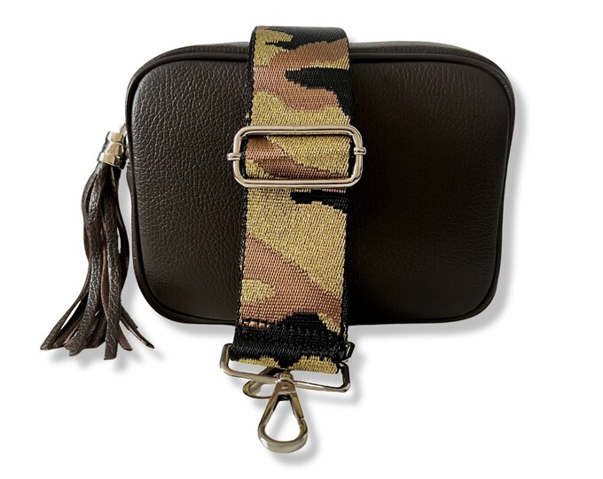 Brown Leather Bag Crossbody Camera Bag Brown Camo Wide Canvas Strap