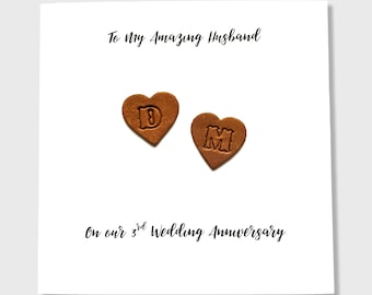 Personalised 3rd Wedding Anniversary Card, Leather Anniversary Brown Hearts