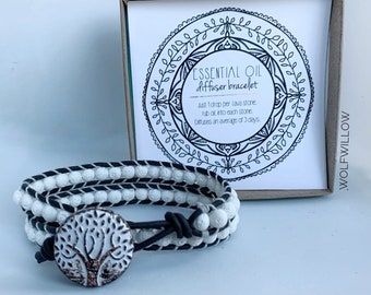 SILENT STRENGTH - Leather white lava rock - stone wrap bracelet | Tree Button | lava bracelet | essential oil diffuser bracelet | woven