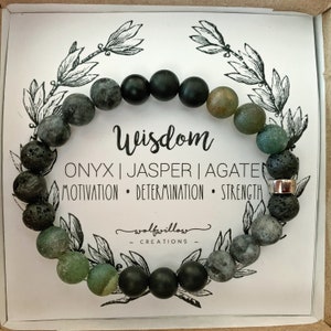 May include: A black, green and grey beaded bracelet with a silver charm. The bracelet is on a white card with the words "Wisdom Onyx | Jasper | Agate Motivation • Determination • Strength wolfwillow creations" printed on it.
