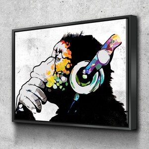 Monkey Headphones Canvas Wall Art Thinking Monkey Dj Banksy Etsy Apes and monkeys listening to music wall art posters and prints abstract animals canvas paintings nordic picture for living room. usd