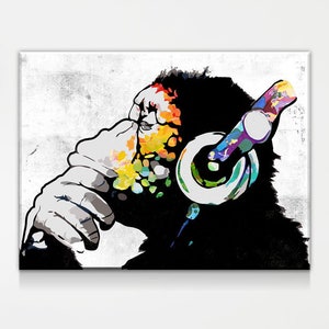 Monkey Headphones Canvas Wall Art Thinking Monkey Dj Banksy Etsy The planet of monkeys is the reality! etsy