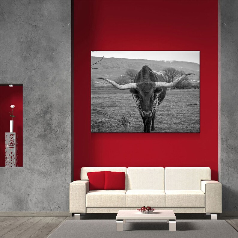 Texas Longhorn Black & White Canvas Wall Art Ranch Art XL Etsy