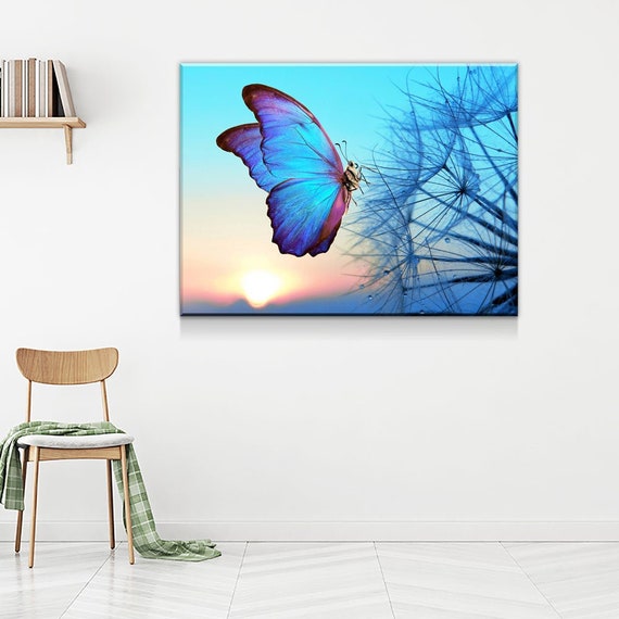 Blue Butterfly Canvas Wall Art Butterfly Decor Dandelion - Etsy UK