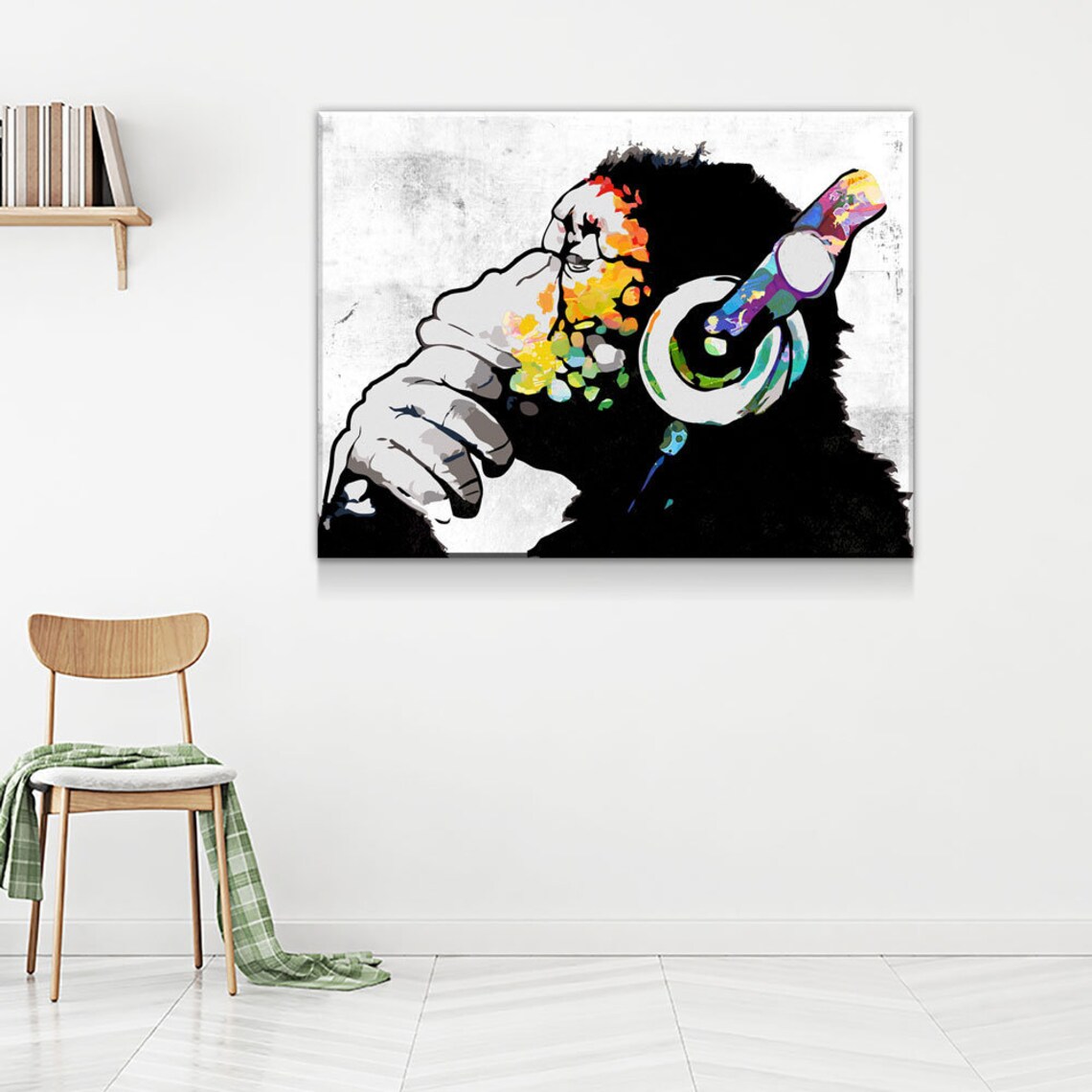 Monkey Headphones Canvas Wall Art Thinking Monkey DJ Banksy Etsy