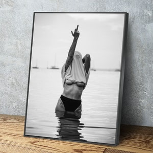 Feminist Attitude Canvas Wall Art, Woman Middle Finger Print, Black and White Female Print, Woman Water Flip Off, Vintage Print, Fashion Art